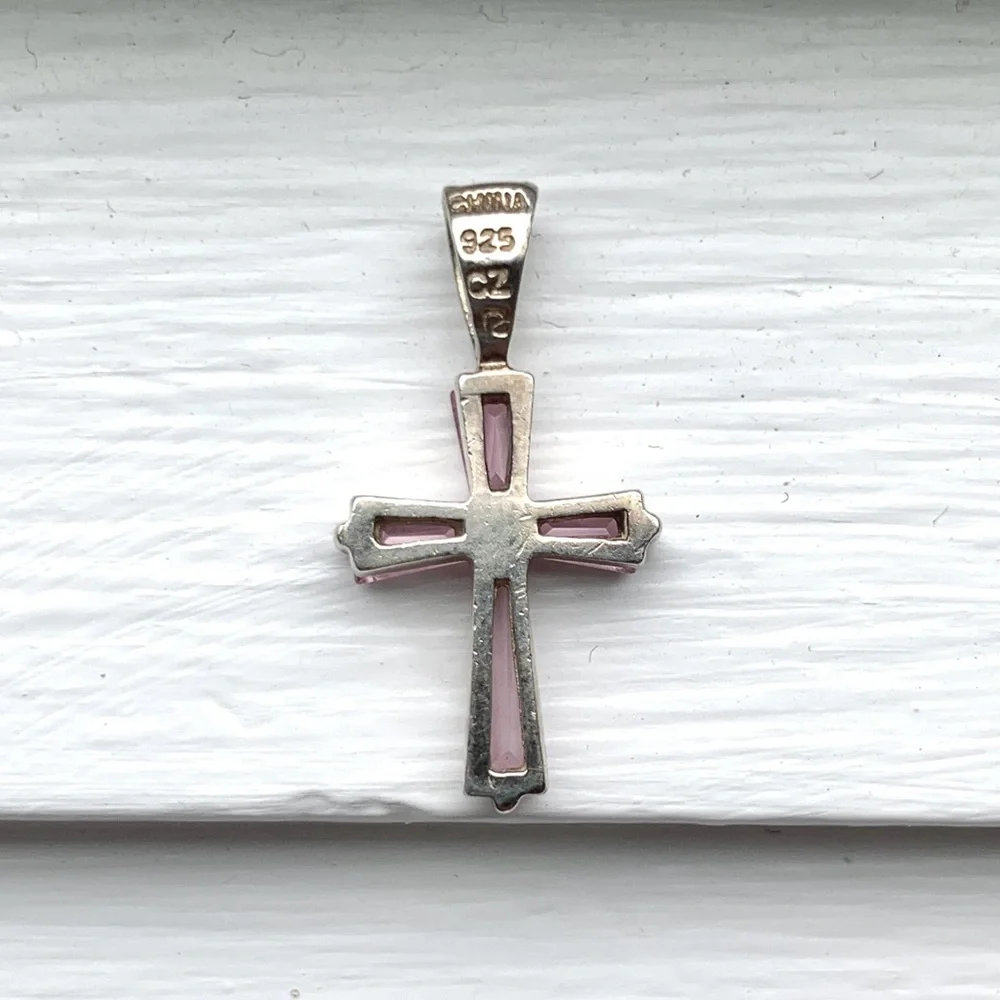 sterling silver 925 cross pink baguette cubic zirconia pendant